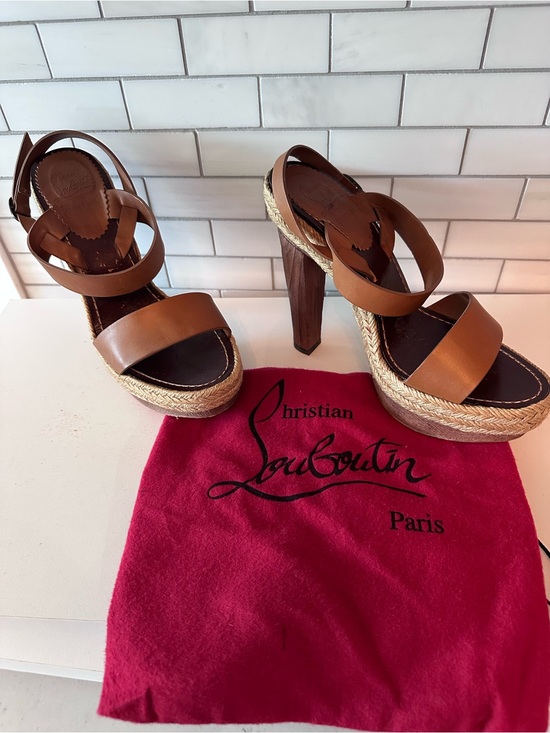 Christian Louboutin Shoes - Christian Louboutin Tan Leather Espadrille Platform Wedge Sandals